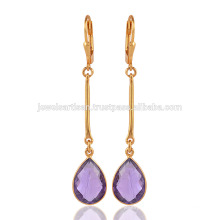Banhado a Ouro Gemstone Silver Drop Earrings in Purple Amethyst